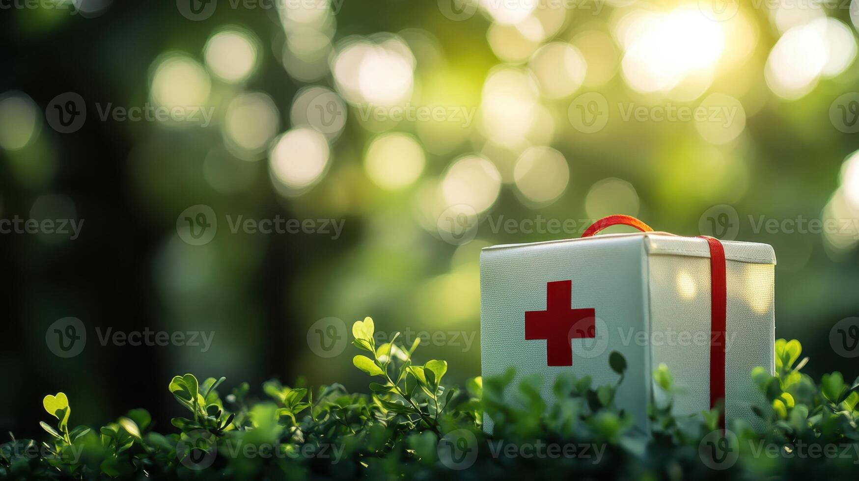 First Aid Kit Box with Red Cross on Greenery. Health and Wellness Emergency Preparedness in Nature's Setting photo