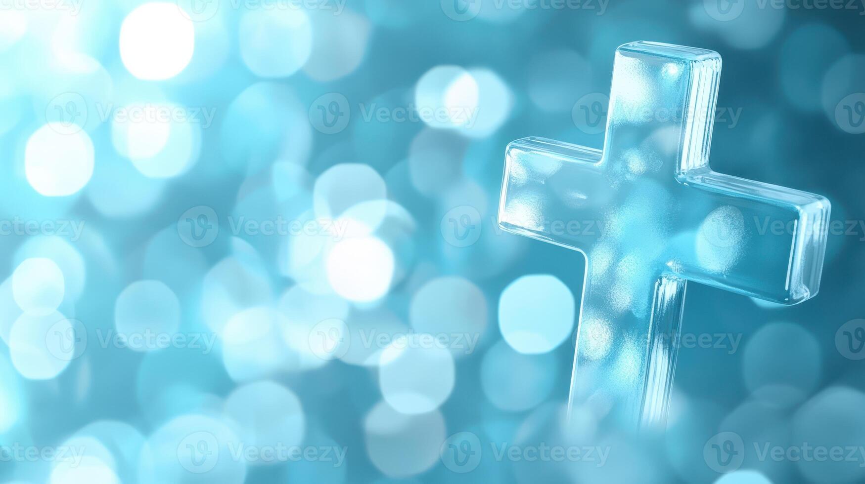 Clear Glass Cross on Blue Sparkling Background Expressing Faith and Christian Belief with Soft Light photo