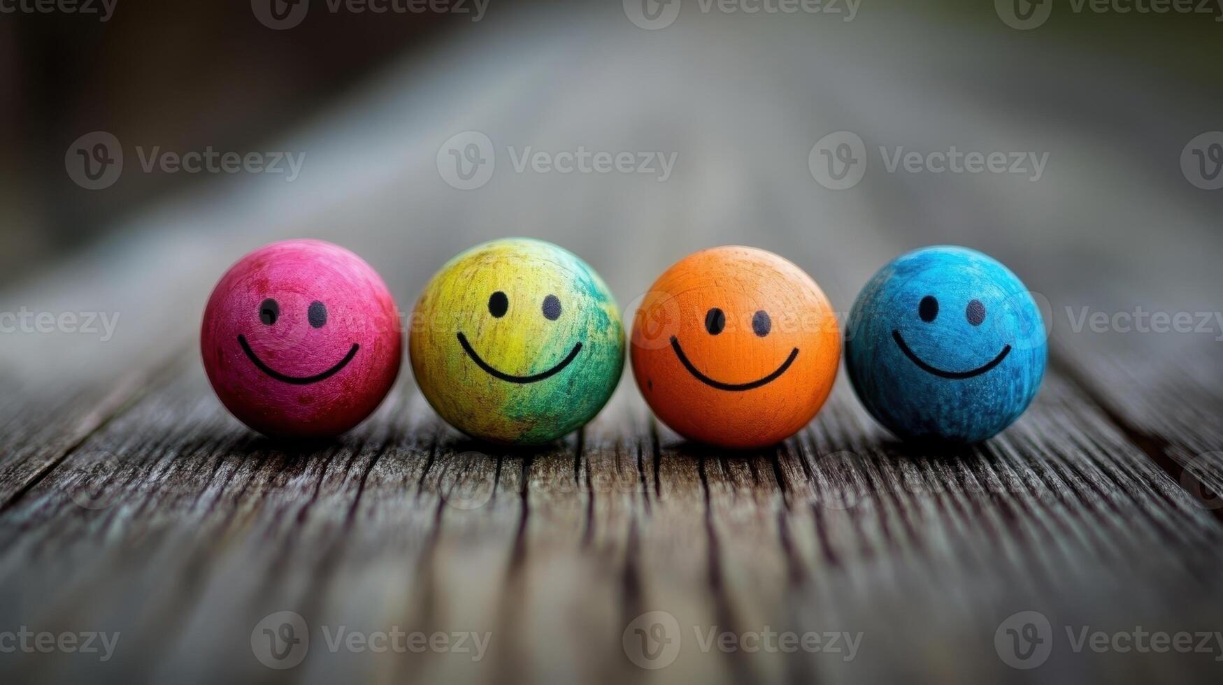 Colorful Smiles, Four Happy Faces on Rustic Wood Surface Conveying Positive Vibes photo