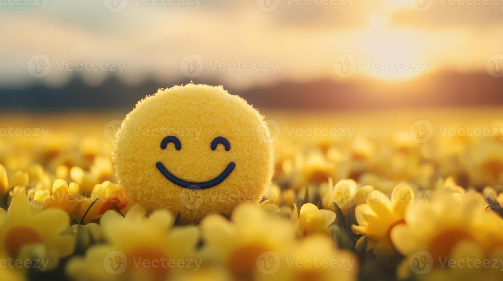 Yellow Smiley Face in Field Flowers Radiates Joy and Sunshine Mood, Nature's Embrace photo