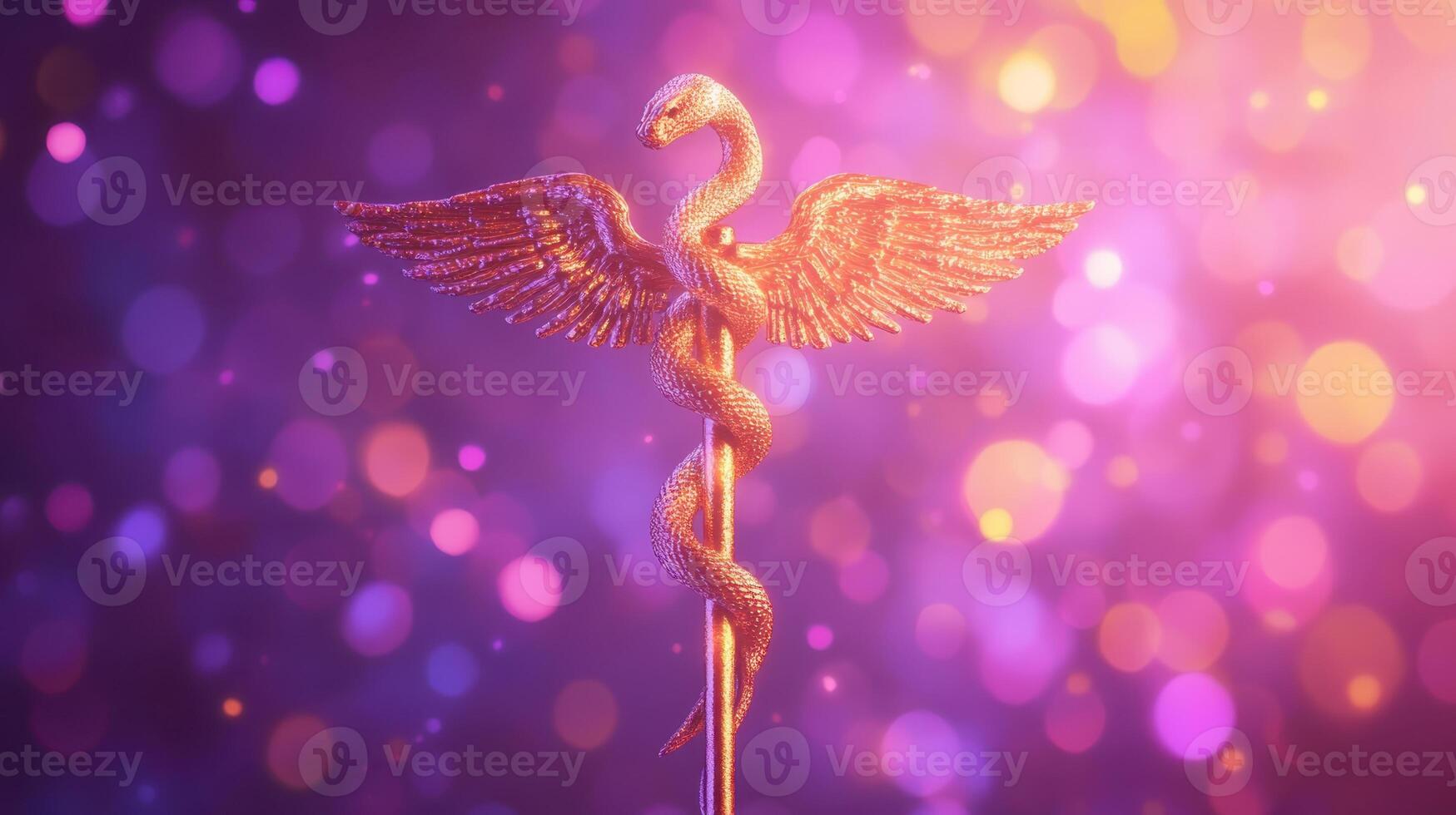 Winged Staff Snake, Medical Symbol, Health, Purple Hues, Golden Snake Staff, Healing Power photo