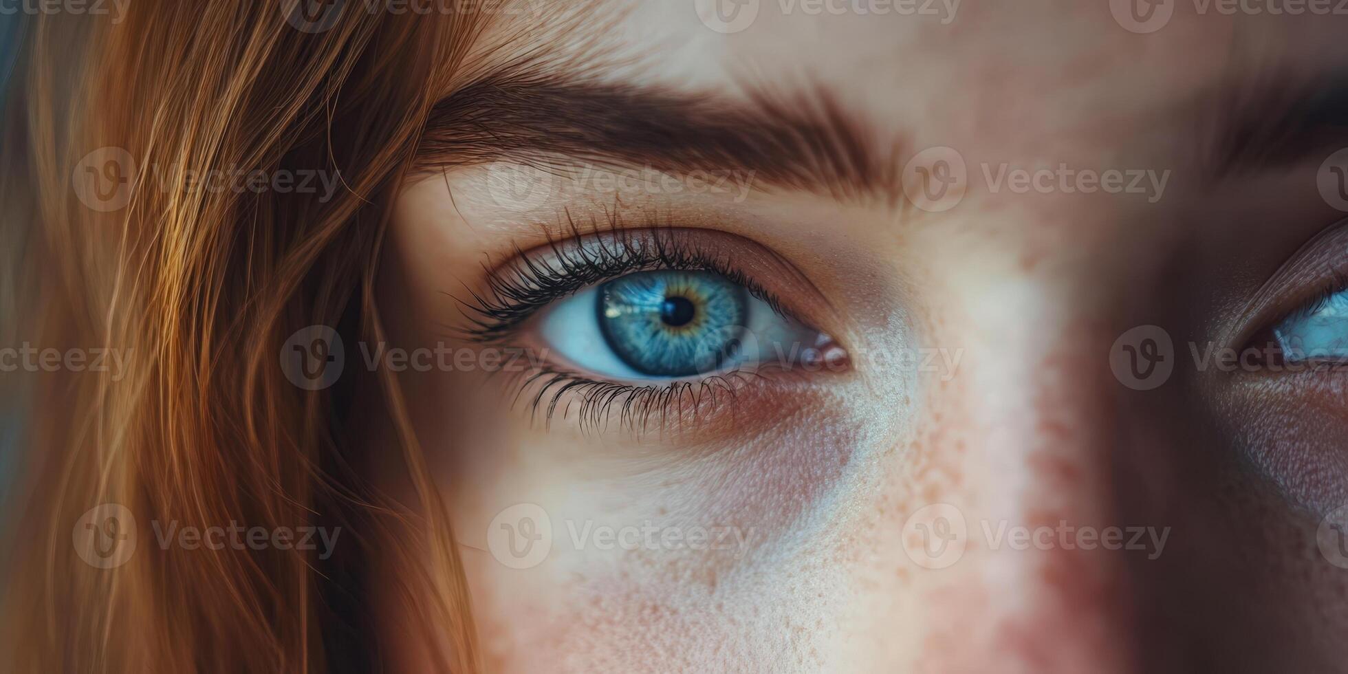 Close-up Beautiful Blue Eye Details with Red Hair and Freckles, Captivating Gaze photo