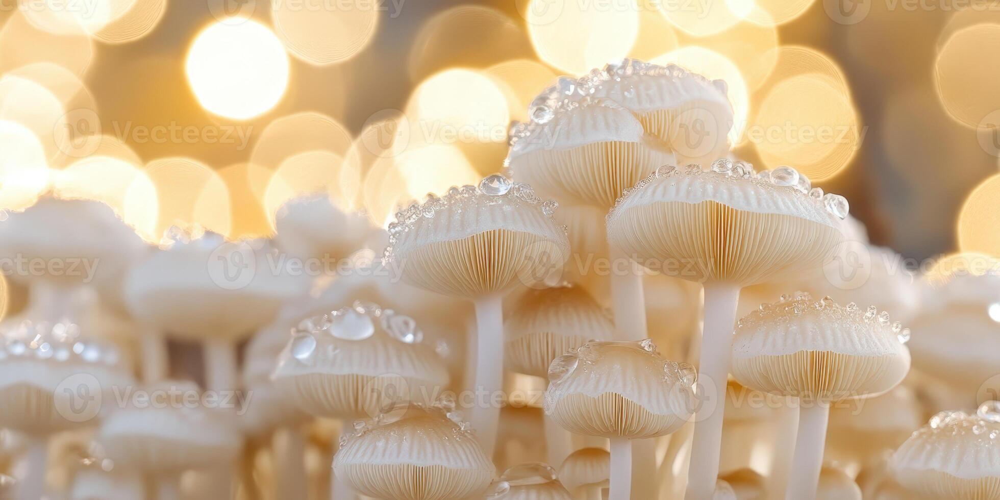 Enchanted Mushrooms with Water Droplets Glowing in Morning Light photo