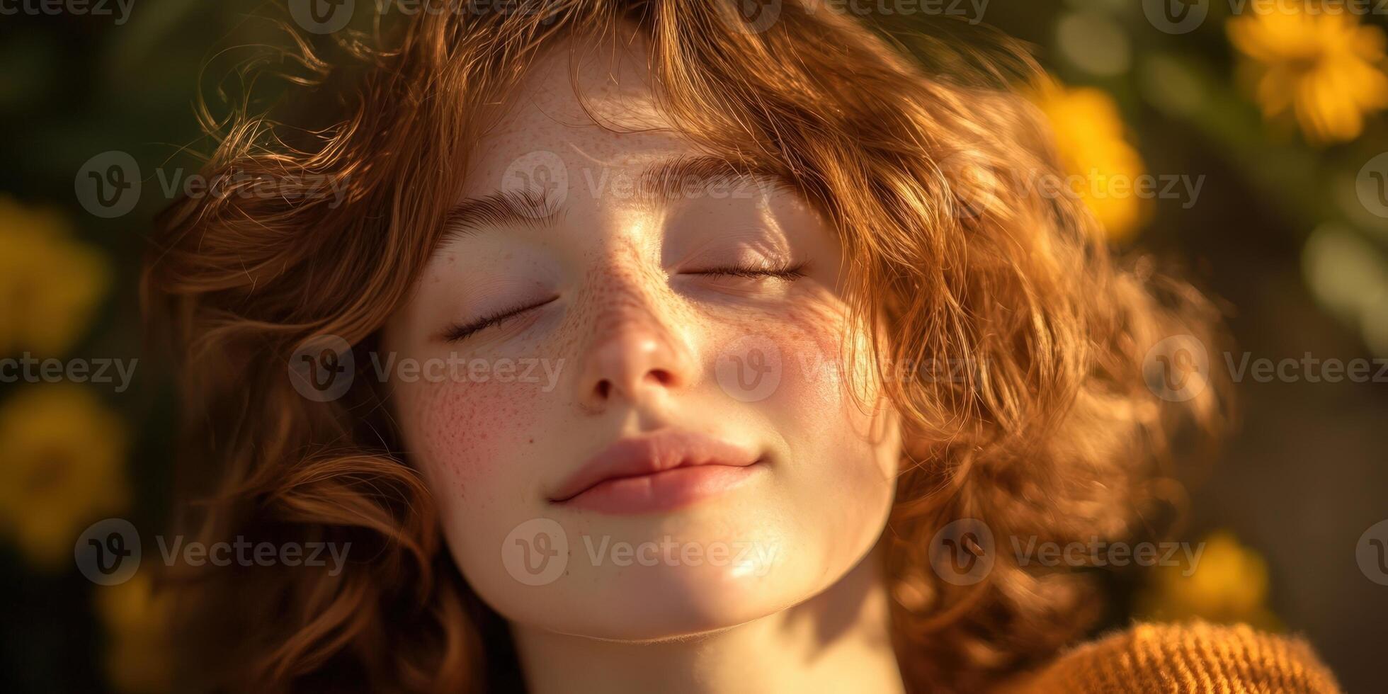 Dreamy Girl with Freckles Enjoying Warm Light, Closed Eyes, and Gentle Smile photo