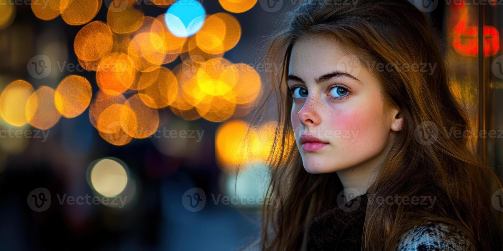 Portrait Girl With Blue Eyes and Freckles Against Bokeh Light Background Night City photo