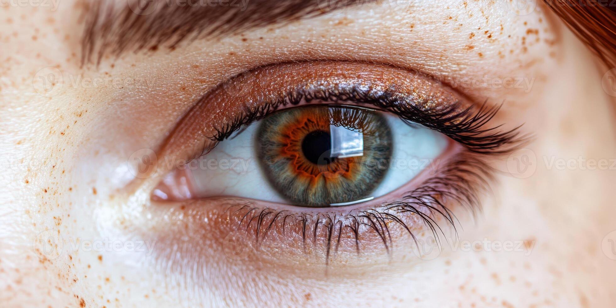 Hazel Eye Close-Up. Details of Skin, Lashes, Eyebrow, and Eye Makeup for Striking Look photo