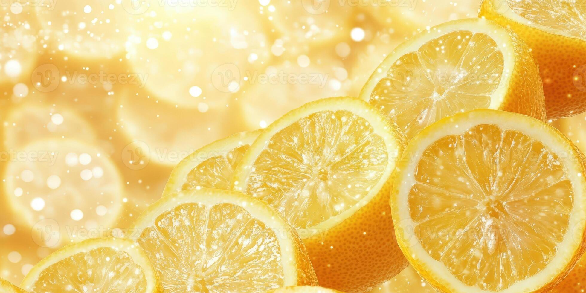 Sliced Lemons Composition on Golden Bokeh Background. Citrus Freshness and Summer Vibes photo