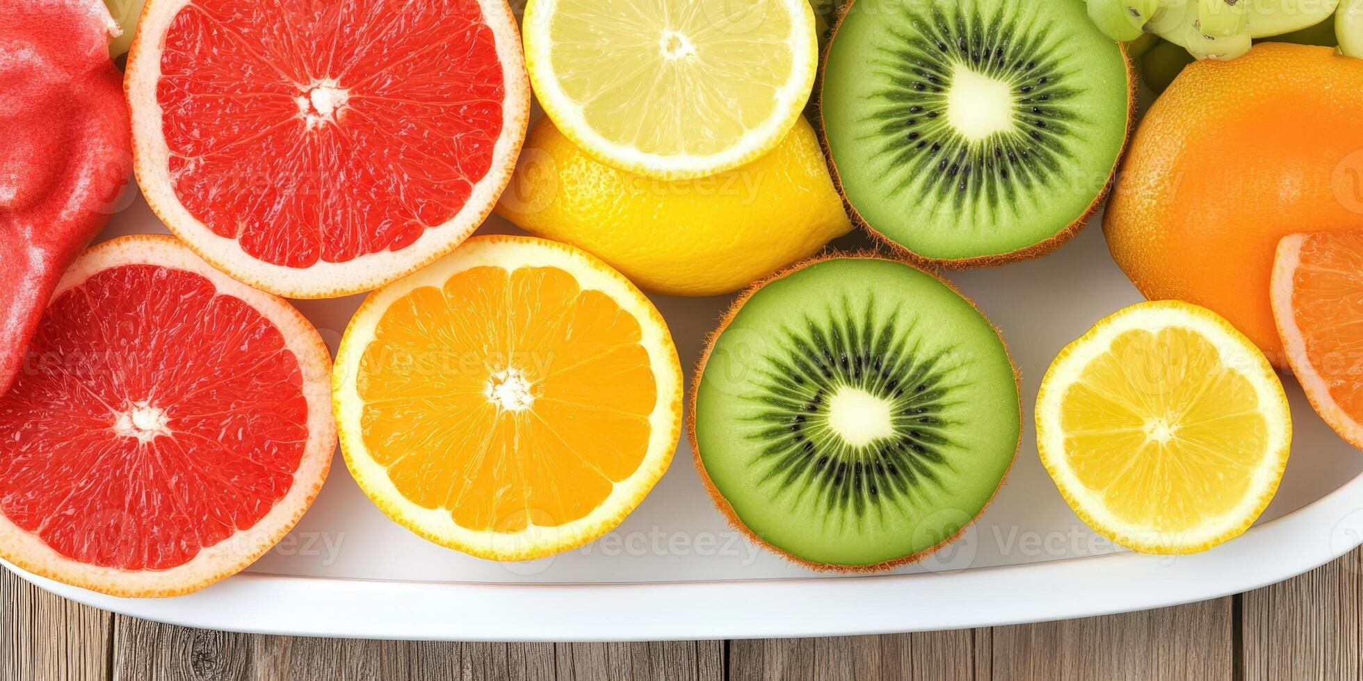 Juicy Citrus Fruits Slices. Grapefruit, Orange, Kiwi and Lemon for Refreshment and Wellbeing photo