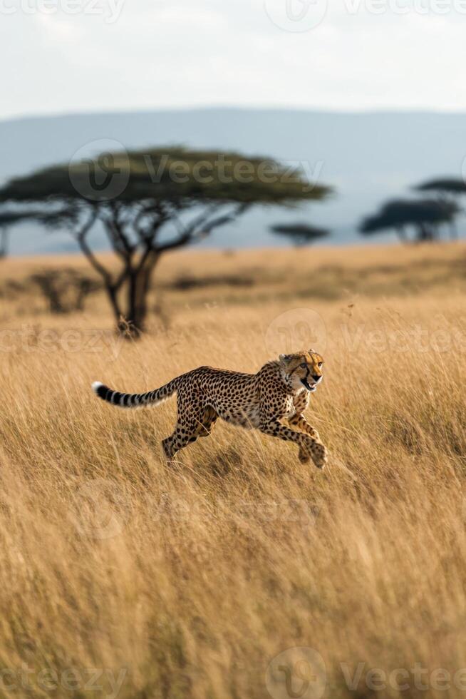 Cheetah running fast in tall grass. African wildlife animal in nature scene. Spotted cat hunts in field with trees in background. Wild animal running. photo