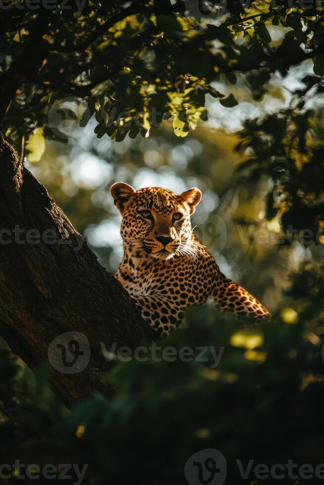 Leopard rests in tree. Wild cat looks ahead. Animal is spotted and calm in a forest environment. Big dangerous feline with nature background. photo