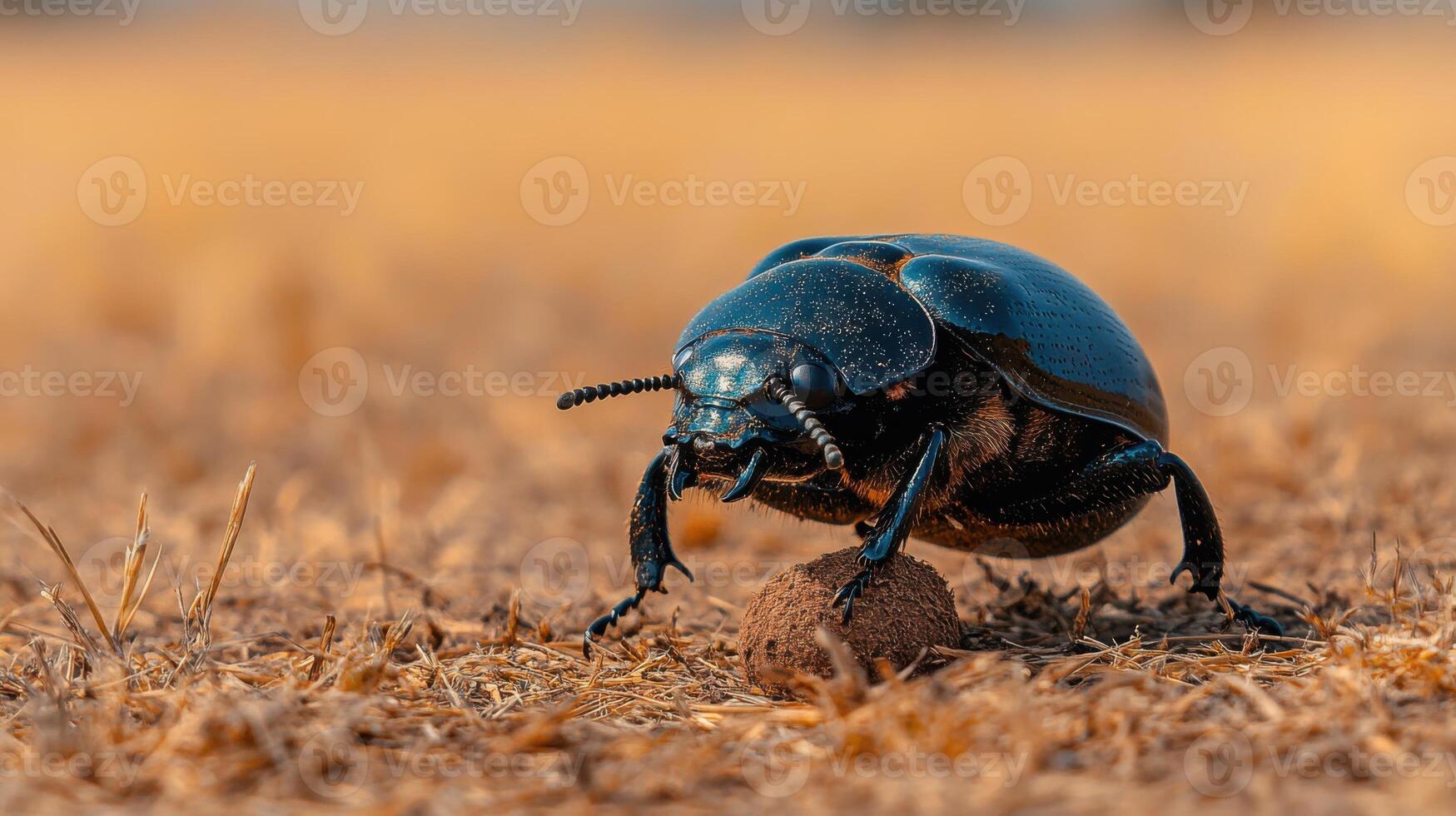 Black beetle rolls small ball. Shiny insect walks in the field. Animal carries its food. Wild bug moving on grass. Nature life closeup photo