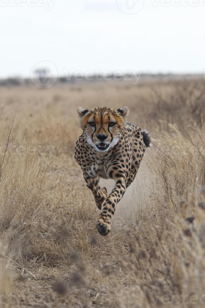 Cheetah running fast in wild field. Animal hunting prey. Spotted cat moves quickly. Wildlife scene of speed and power. Nature photograph photo