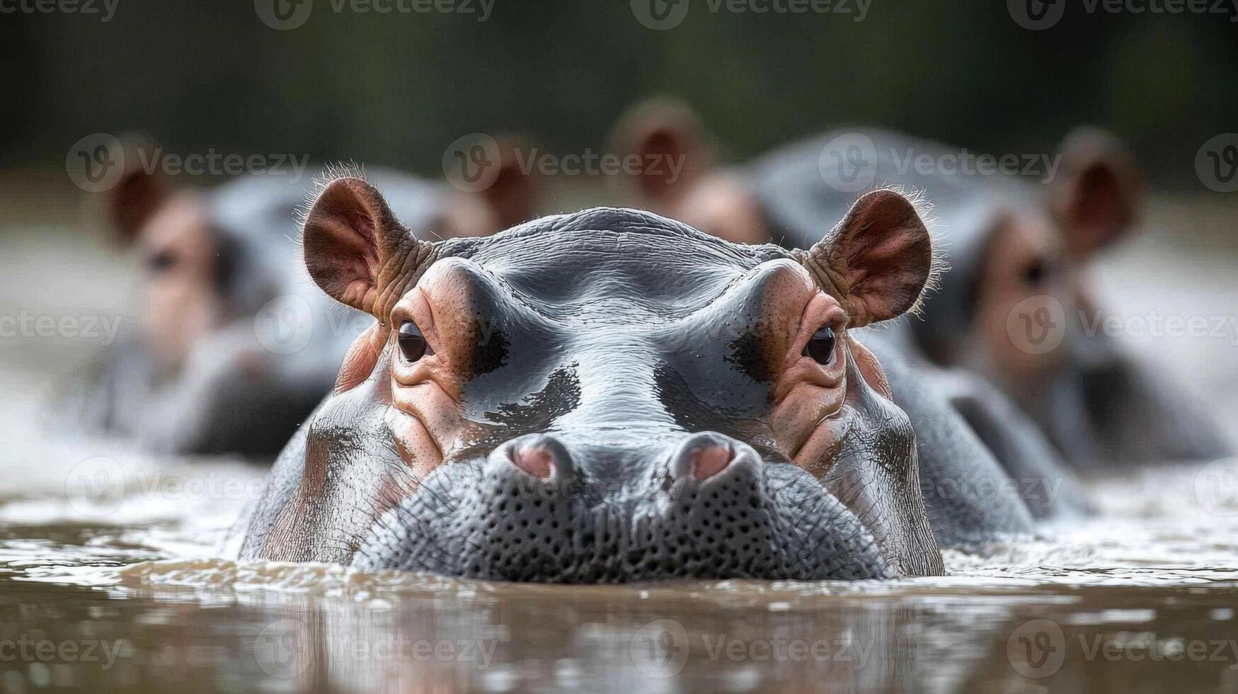 Hippopotamus group swims in the water. Close up view of their heads and faces. Wildlife animal in a natural environment. Aquatic mammals relaxing. photo