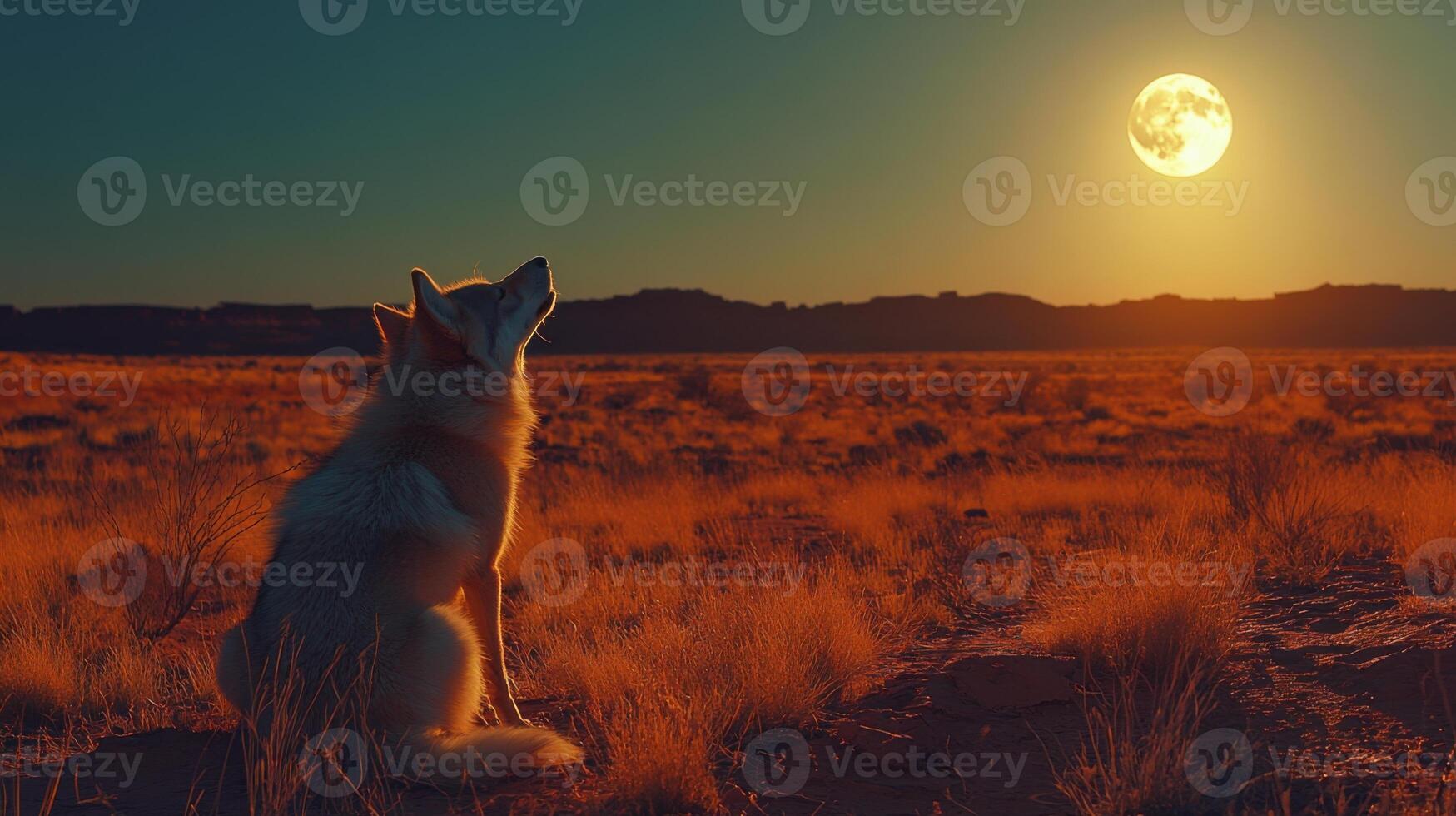 Dog Sits in Field. Animal Howls at Bright Moon. Wild Desert Landscape at Night. Peaceful Outdoor Scene with Glowing Sky. photo
