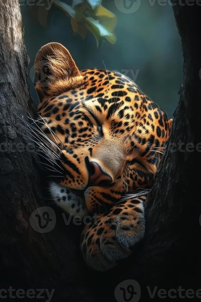 Leopard animal portrait. Spotted wild cat is sleeping in the tree. Close up of feline resting with eyes closed. Wildlife scene and nature background. photo