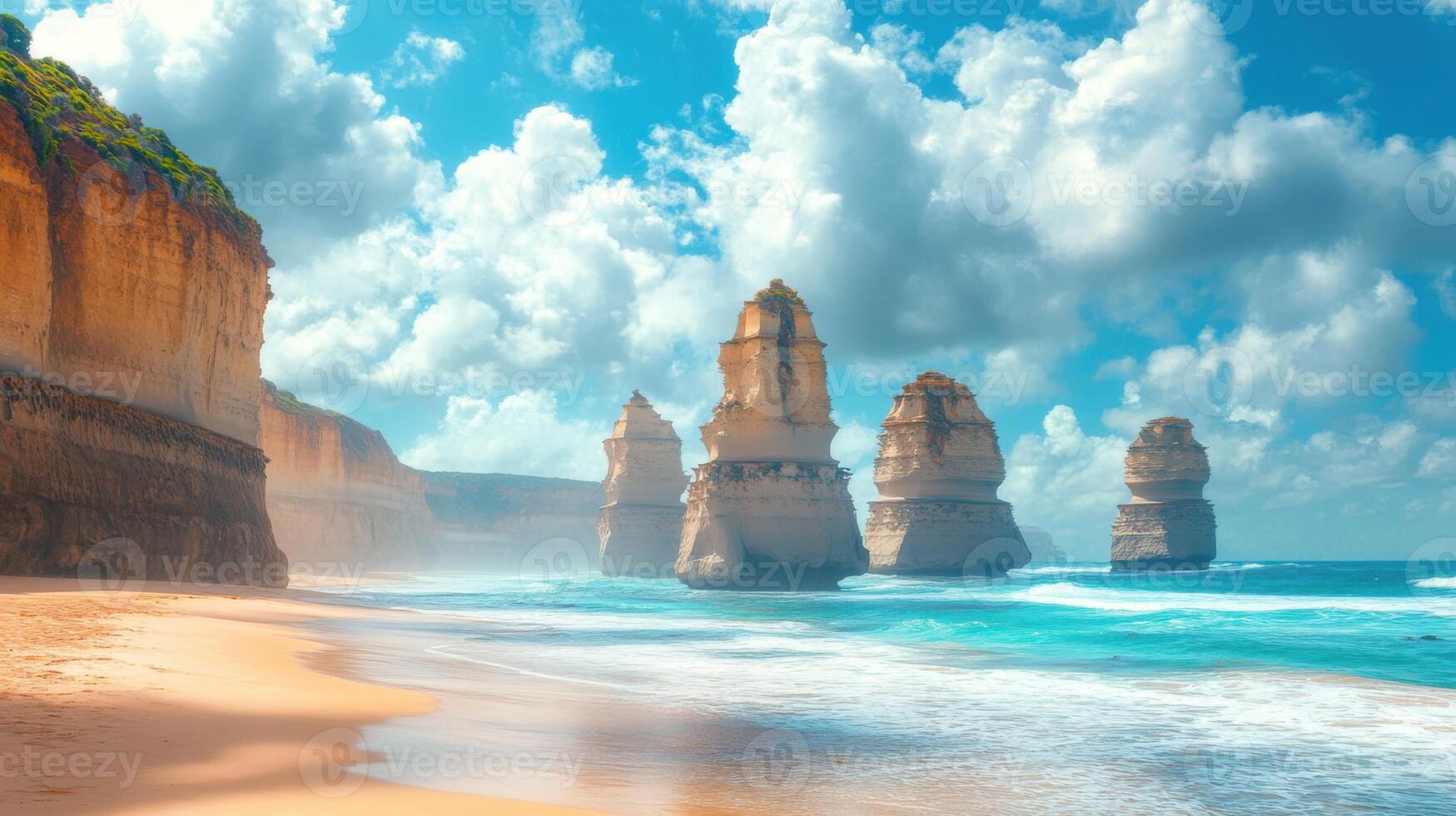 Ocean beach with rocks. Blue water and cloudy sky. Coastal landscape with sand. Natural formations near sea. Paradise place for travel. photo