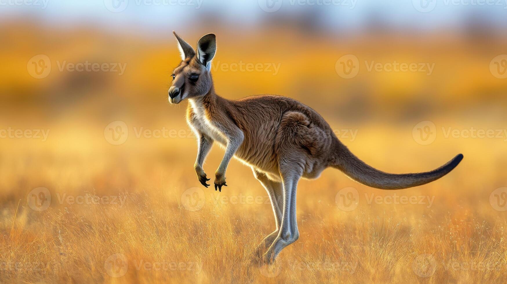 Kangaroo jumps in field. Animal is moving. Sunlight shows the kangaroo. Wild animal in nature. Kangaroo hops across the field. Orange dry grass around. photo