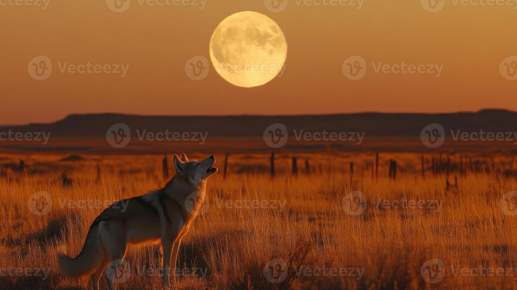 Wild canine howling at bright moon. Open field with tall grass. Orange sky and distant hills. Night wildlife. Peaceful scene. photo