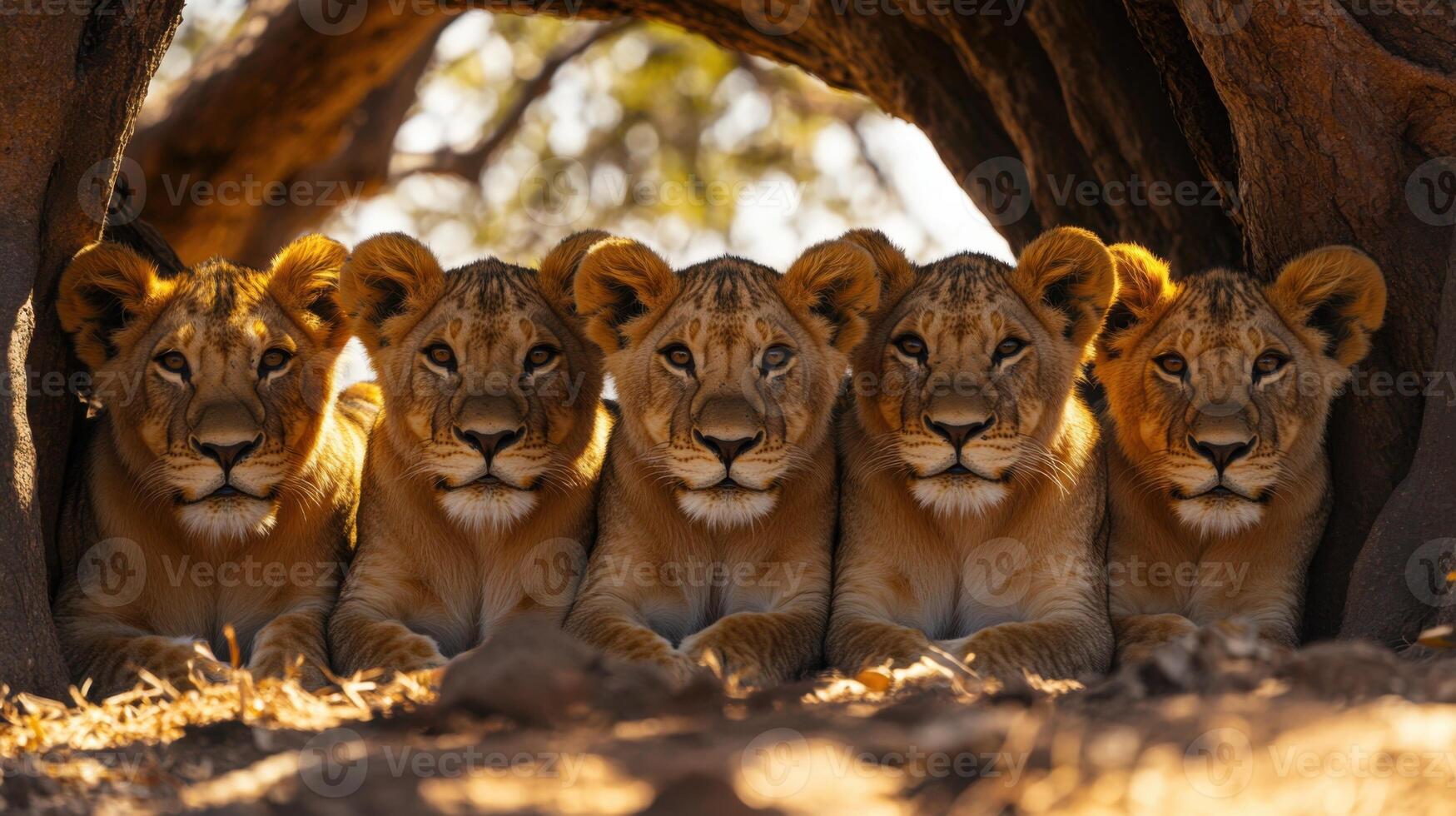 Lion cubs rest under tree. Group of young lions lie together. Animal family resting. Wild feline cubs in shade. Wildlife scene. photo