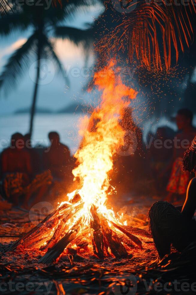 Beach bonfire burns bright. Orange flames rise up. Palm trees stand tall near ocean. Aborigine People gather around fire at night. Warm glow and relaxing light. photo