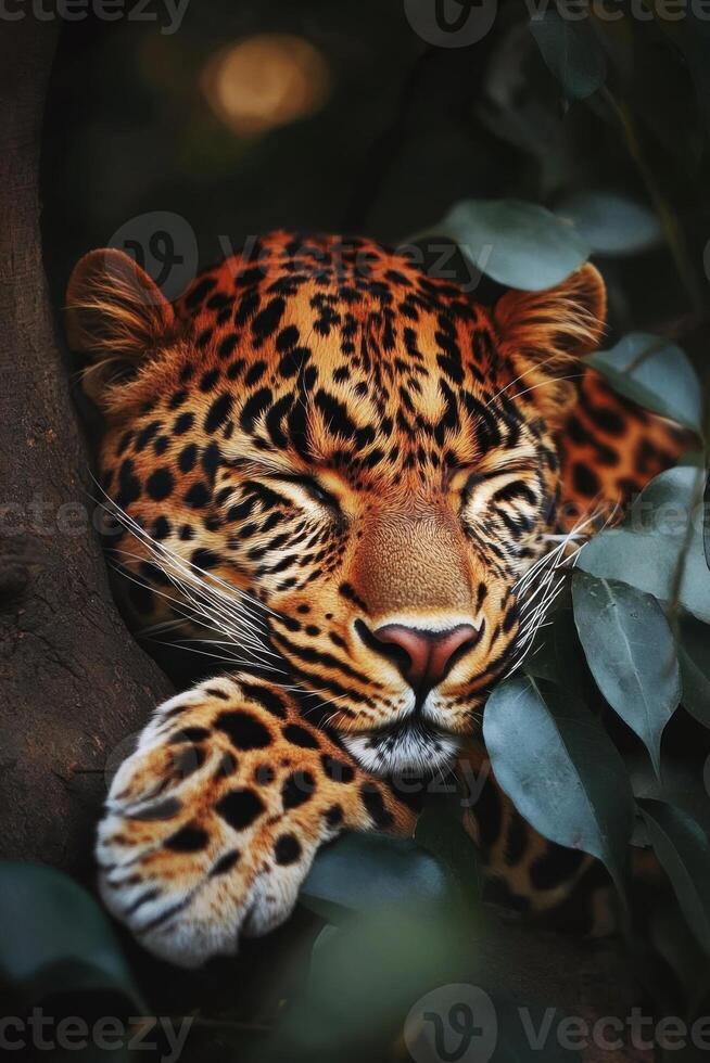 Leopard rests. Calm wildcat sleeps in tree. Spotted animal relaxes among green leaves. Peaceful predator close up. Feline portrait. Orange and black cat. photo