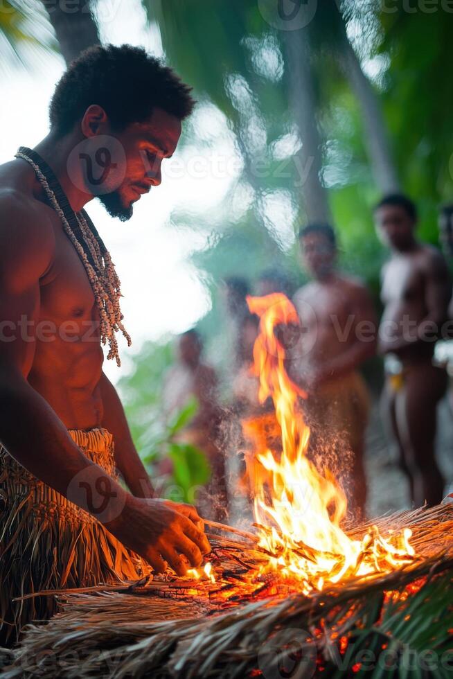 Aborigine Man with beads making fire. Man building flame with dry wood. People watching fire on the ground. Ceremony in nature. Natural fire concept. photo