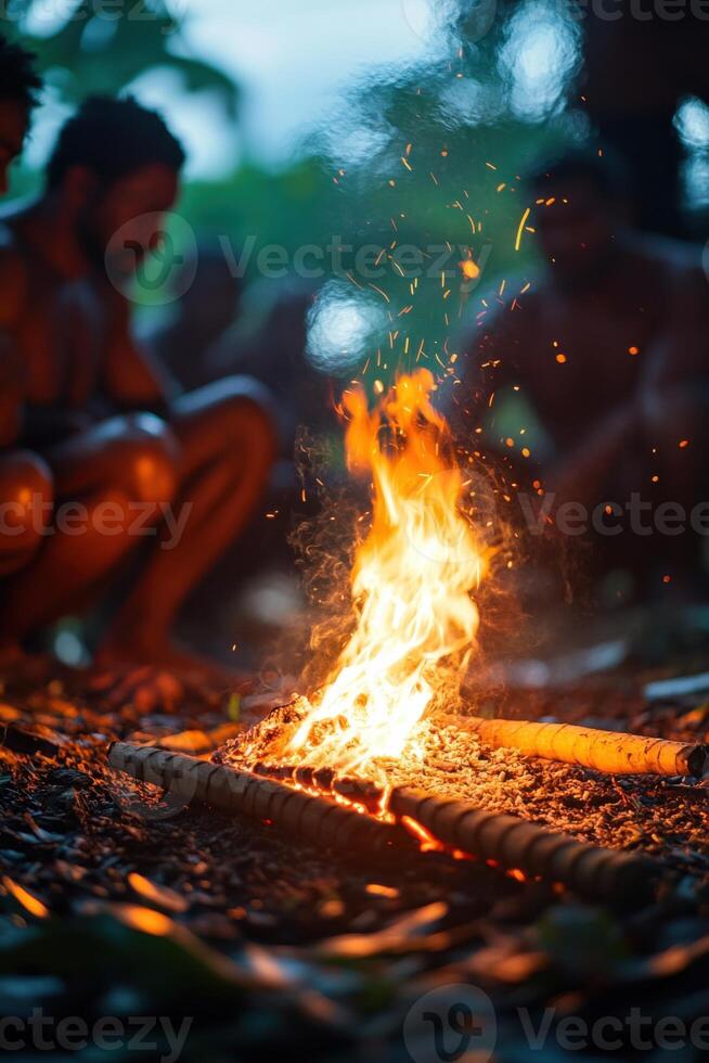 Burning fire with orange flame. Aborigine People sit around fire. Campfire in dark forest. Glowing embers and sparks fly up. Night scene with burning wood. photo