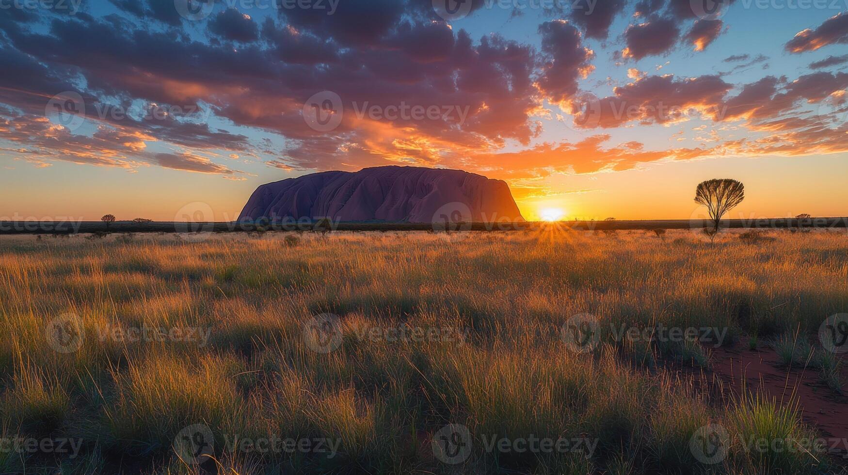 Desert rock formation at sunset. Field of grass in front of large stone. Orange sky with clouds above land. Remote nature scene. photo