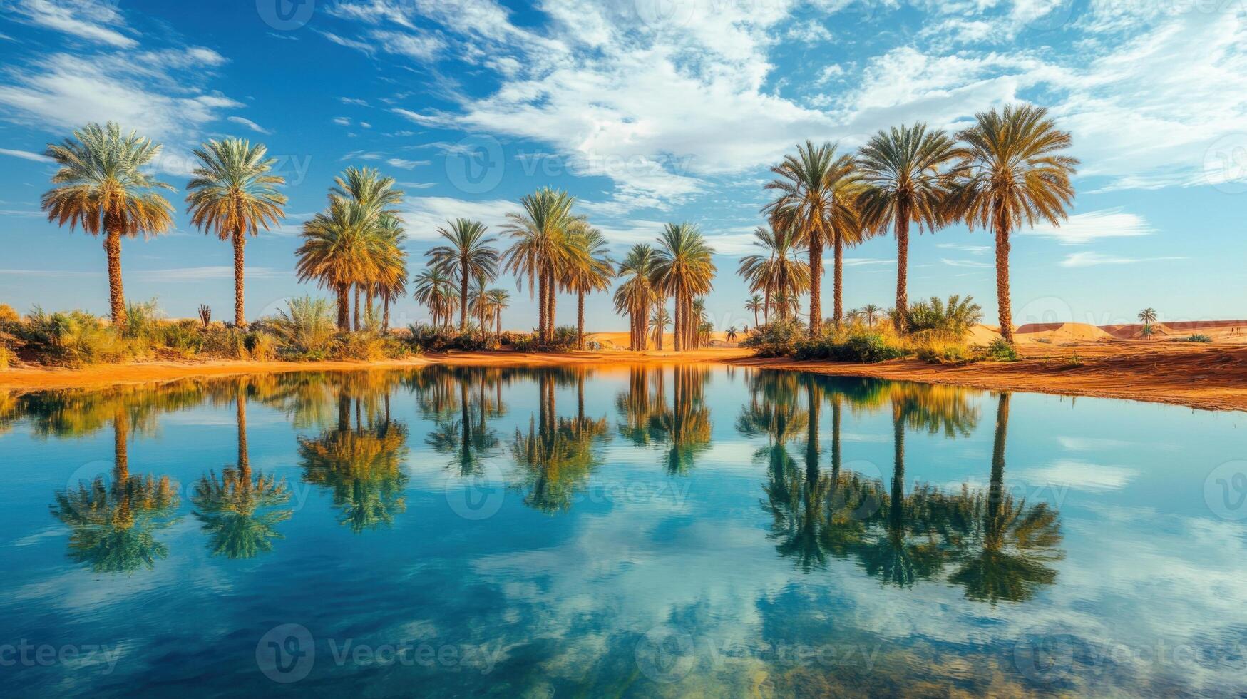Palm trees are reflected in a calm pool of water. Desert scene with a bright blue sky and white clouds overhead. photo