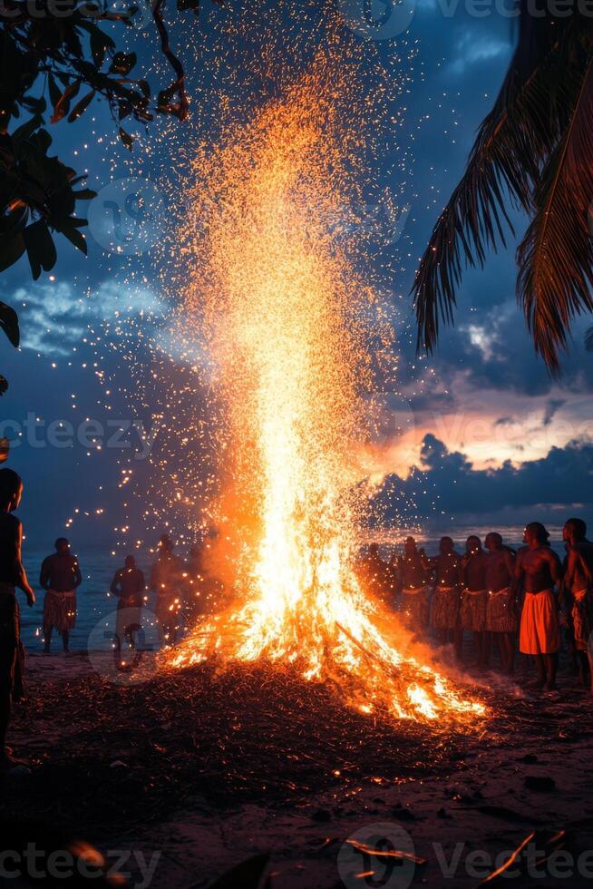 Beach bonfire at night. Large fire burns as people watch. Ocean and clouds in the background. Bright flames and sparks in the air. photo