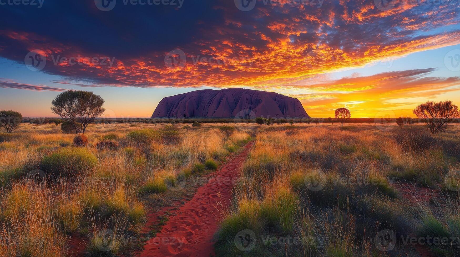 Desert landscape at sunset. Red path leads to mountain. Colorful sky above field. Australia outback scene with warm light. photo