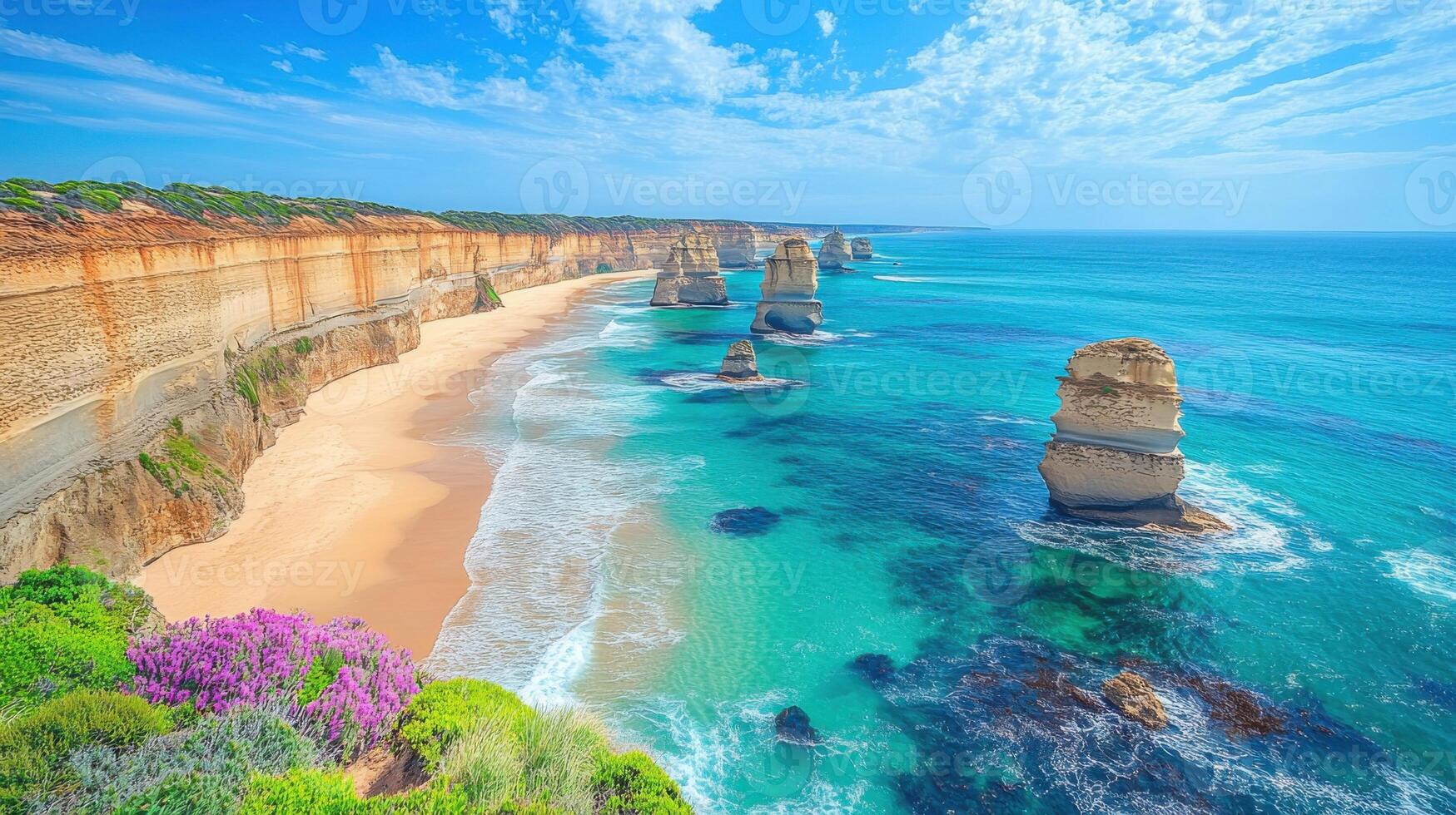 Ocean Cliffs View. Coastal Landscape. Blue sea and sandy beach. Rock formations in water. Beautiful nature scene. Scenic view. photo