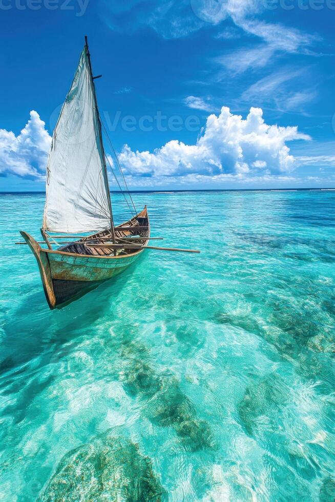 Boat floats on clear sea. Sailboat on ocean with blue sky. Tropical water with white clouds. Calm boat in shallow water. photo