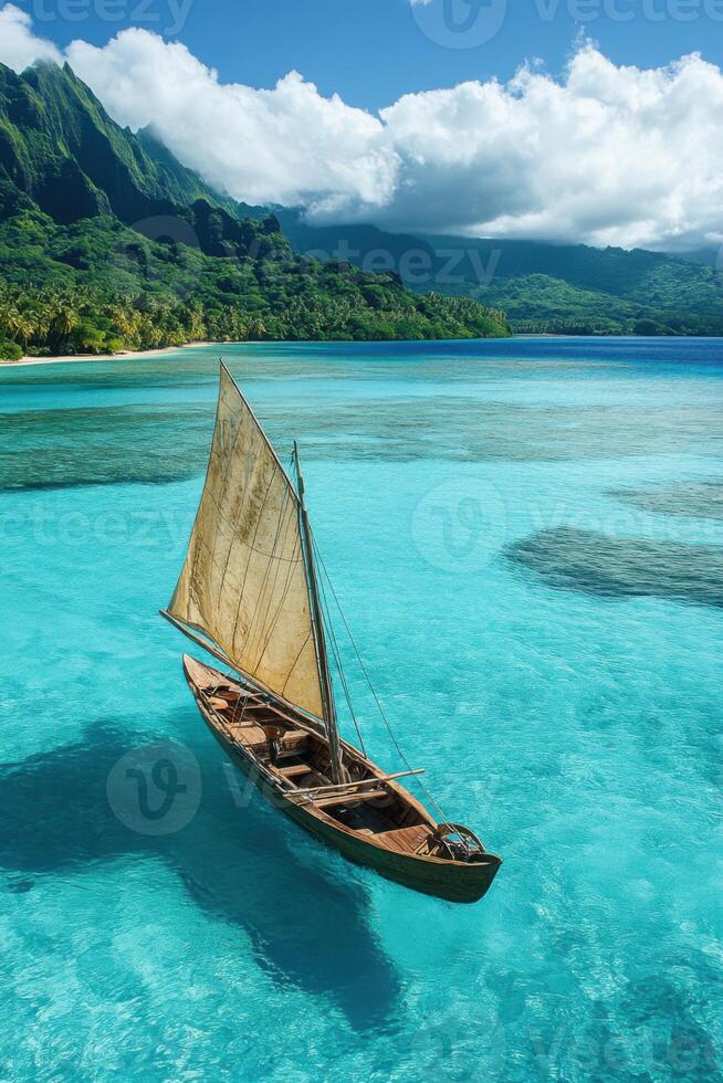 Sailboat floats on clear blue sea. Tropical coast with green mountains and bright sky. Beautiful vacation scene. Boat in shallow ocean water. photo