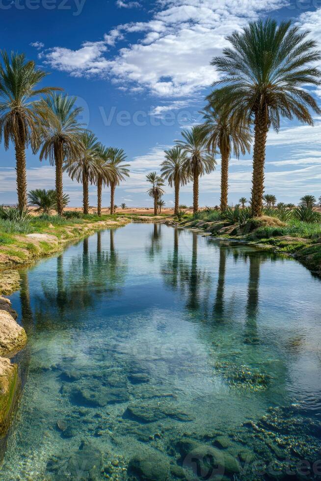 Palm Trees and Clear Water. Desert Oasis scene. Water reflection in clear pond with blue sky. Nature scene. photo