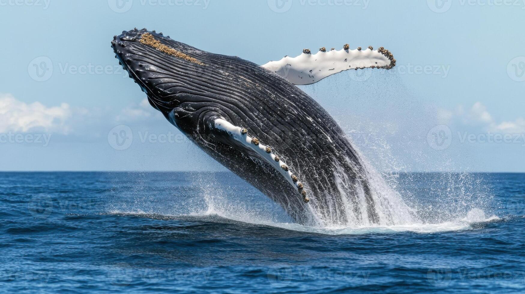 Whale jumps from water. Huge sea animal leaps high. Big body and wave splash. Whale in ocean with clear sky. photo