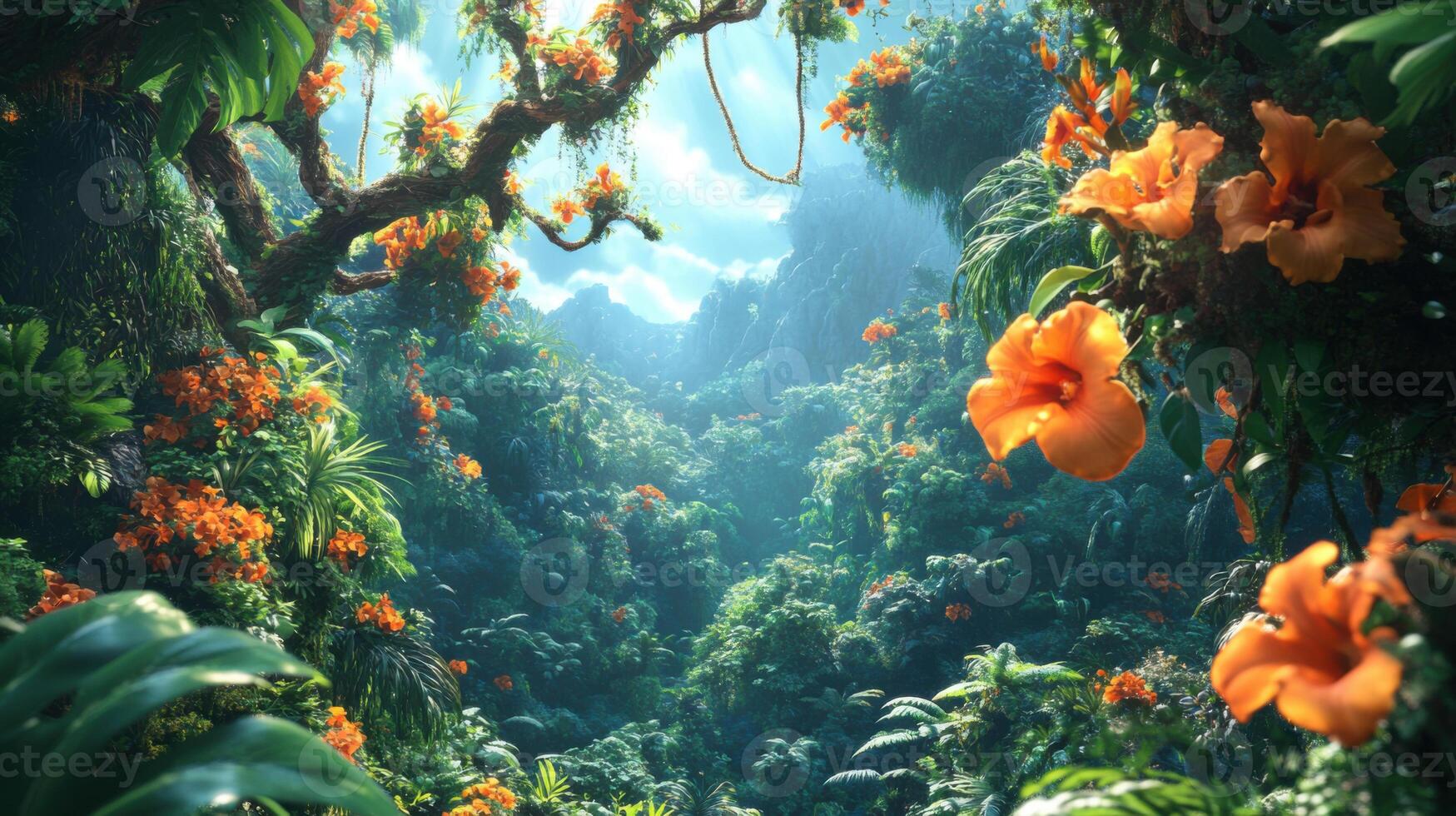Lush green jungle landscape with many orange flowers. Sunlight shines through mountain trees. Colorful nature scene. photo