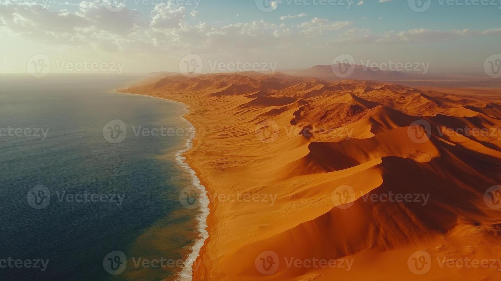 Desert sand dunes meet ocean. Aerial view. Sandy hills landscape. Water waves touch sand. Horizon and sky. Coastal scenery. Nature scene. photo