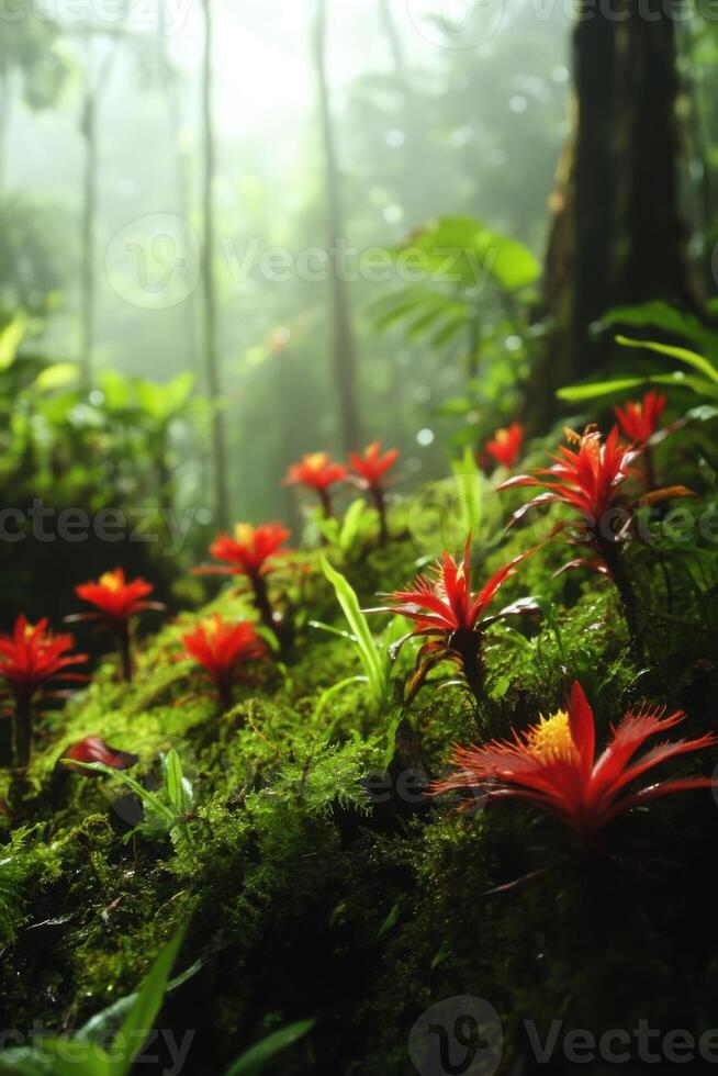 Lush jungle floor with red flowers. Tropical plants grow in a misty forest. Wild nature scenery. Peaceful and colorful. Green moss with exotic bloom. photo