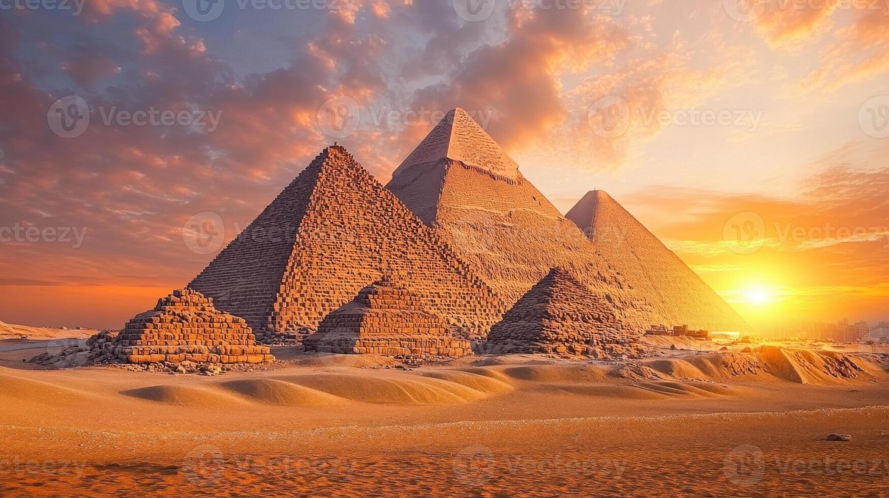Egypt pyramids in desert sand. Ancient buildings at sunset. Travel tourism landmark. Egyptian monuments under sun. Old structures at sunny day. Scenic landscape pyramids. photo