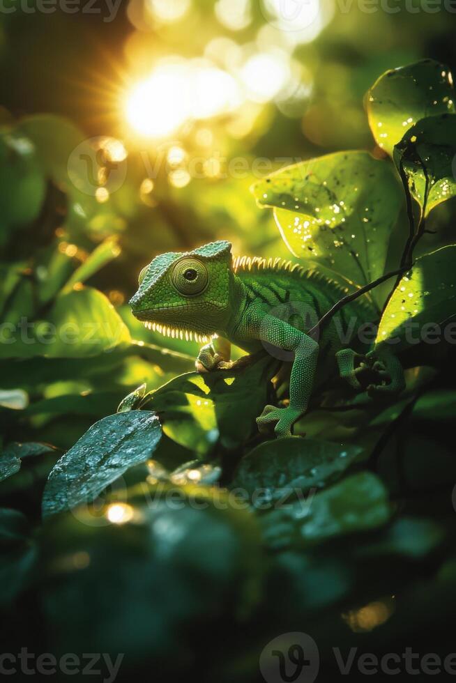 Green chameleon sits on leaves. Sunlight shines through leaves. Small lizard observes its environment. Nature background with reptile wildlife. photo
