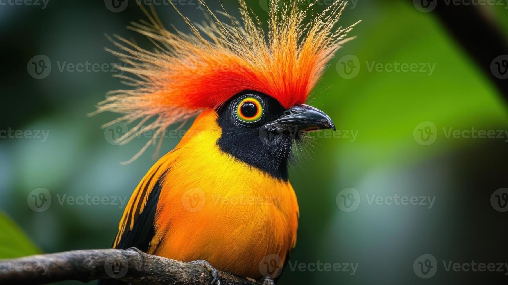 Bird of paradise Colorful Bird Portrait. Orange and yellow bird sits. Bird has a crest. Bird resting on branch. Green background, wildlife. photo