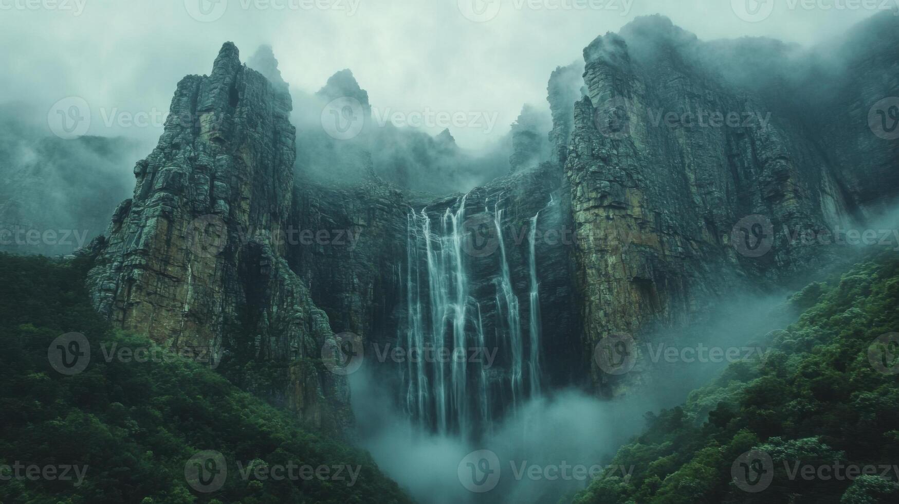 Mountain peaks rise above flowing water. Tall waterfall cascades down cliff faces. Clouds drift through green forest. Nature scene. photo