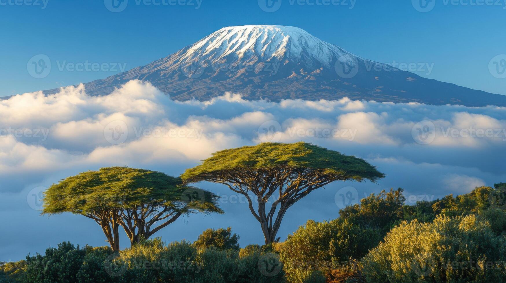 Snowy mountain over clouds. Trees in foreground. Nature landscape at dawn. Calm scenery. Mountain summit. Peaceful view. photo
