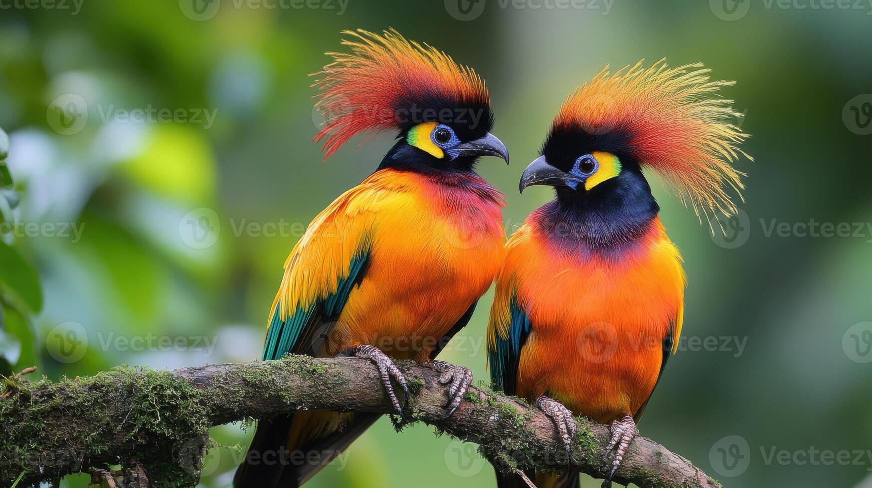 Bird of paradise Two Exotic Birds Perched on Branch. Colorful Feathered Creatures. Birds with Orange Bodies. Nature Scene with Green Leaves Background. Wildlife Photography photo