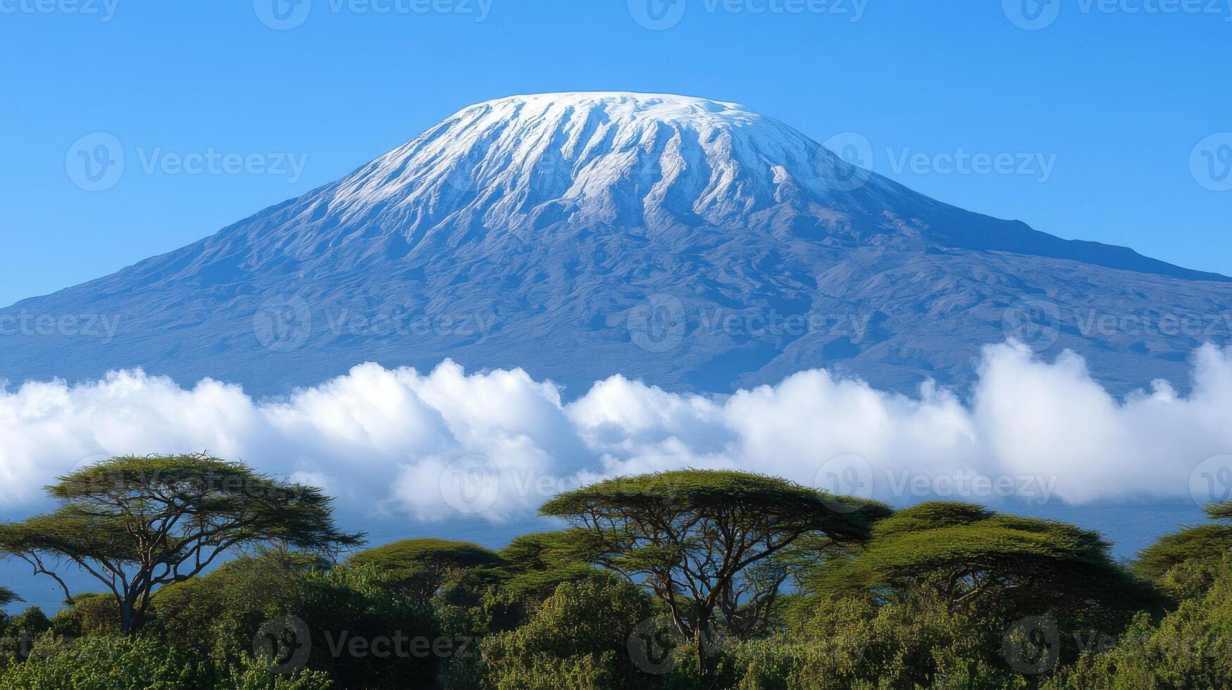 Snowy mountain peak. Blue sky view. Trees and clouds below. Natural wonder. High mountain landscape. Outdoors scene. Beautiful sky above nature. Mountain top in winter. photo