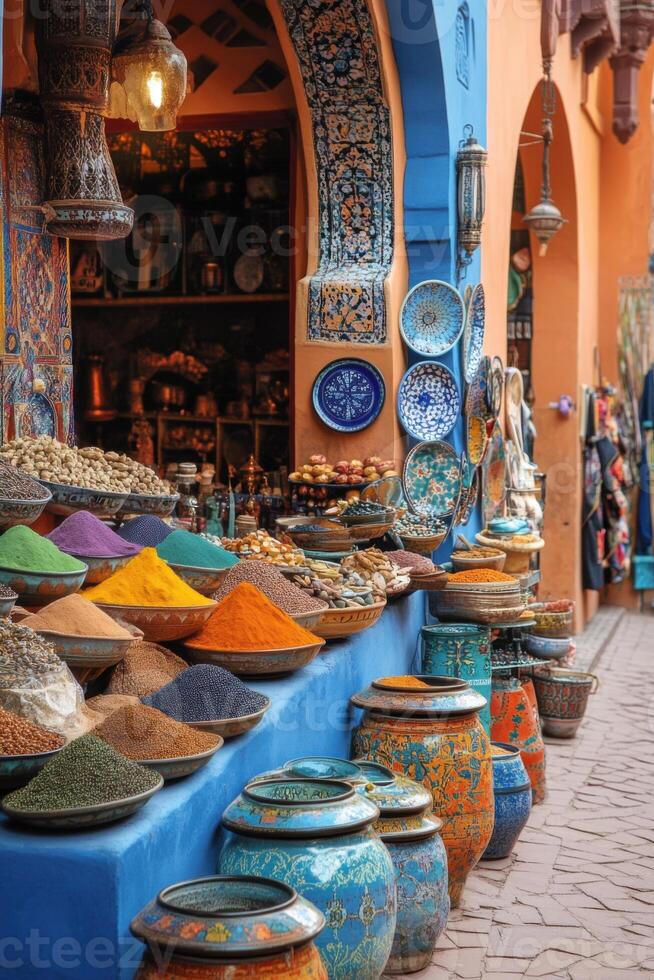 Market stall display. Many pots and piles of spices and grains. Traditional pattern on pots. Vibrant colors and rich texture at street market. photo