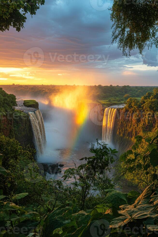Waterfall view at dawn. Lush green plants around water. Mist and rainbow form by waterfall. Colorful light on sky. Natural wonders. photo