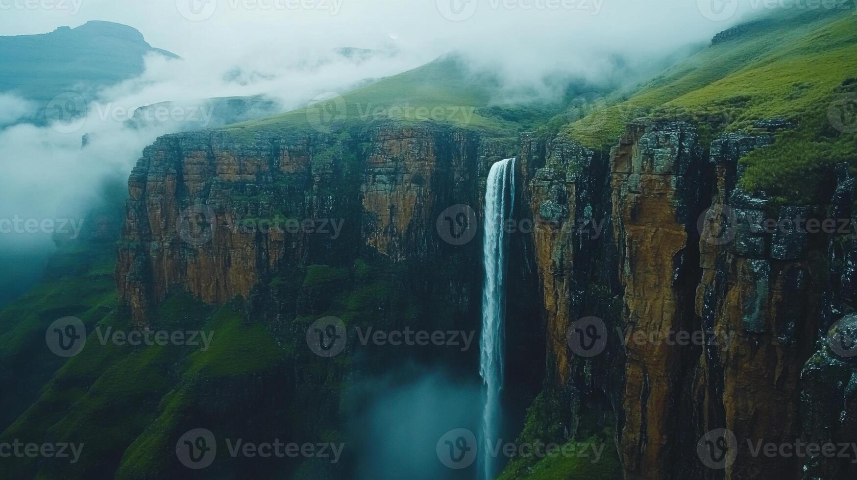 Mountain waterfall view. Water flows down from cliff. Green grass covers hills. Mist hangs in air. Landscape is scenic and calm. photo