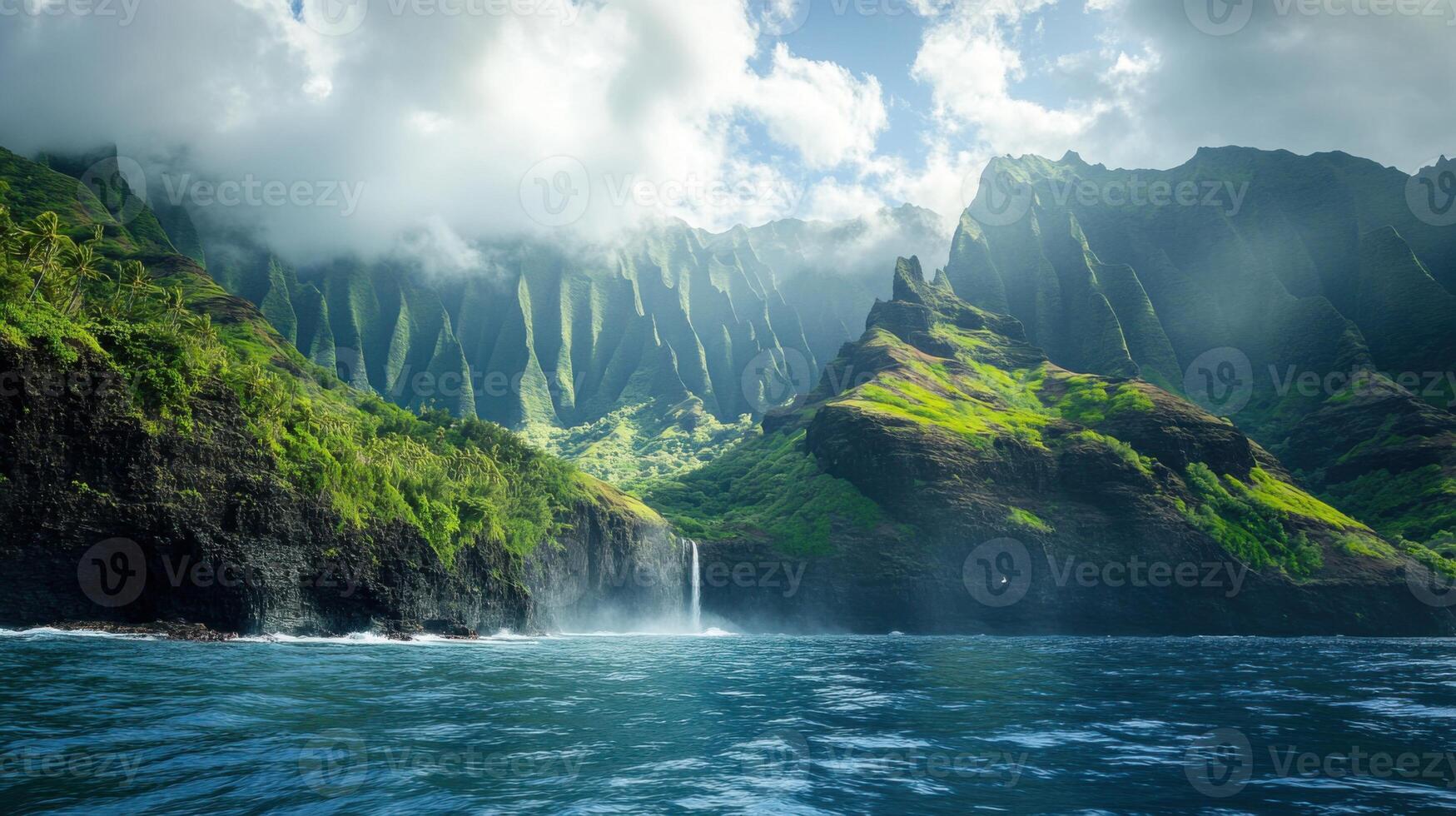 Green mountains meet blue ocean. Waterfall flows from cliffs. Sunlight shines on the landscape. Clouds are low on peaks. Water runs into sea. photo